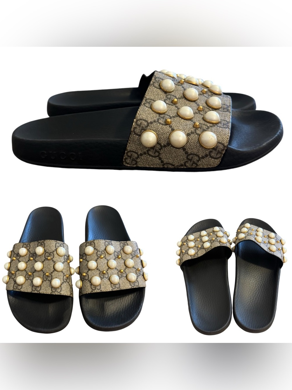 Gucci Pursuit Pearl Stud Pool Slide Logo Sandals - Size 40